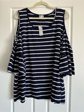 Avenue Navy & White Striped Cold-Shoulder Bell Sleeve Top